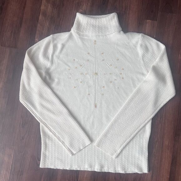 Norton McNaughton Sweater Size M Snowflake White Turtleneck Fitted Sleeves - Picture 2 of 10